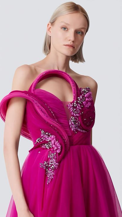 Robe de soirée en tulle à fleurs fuchsia